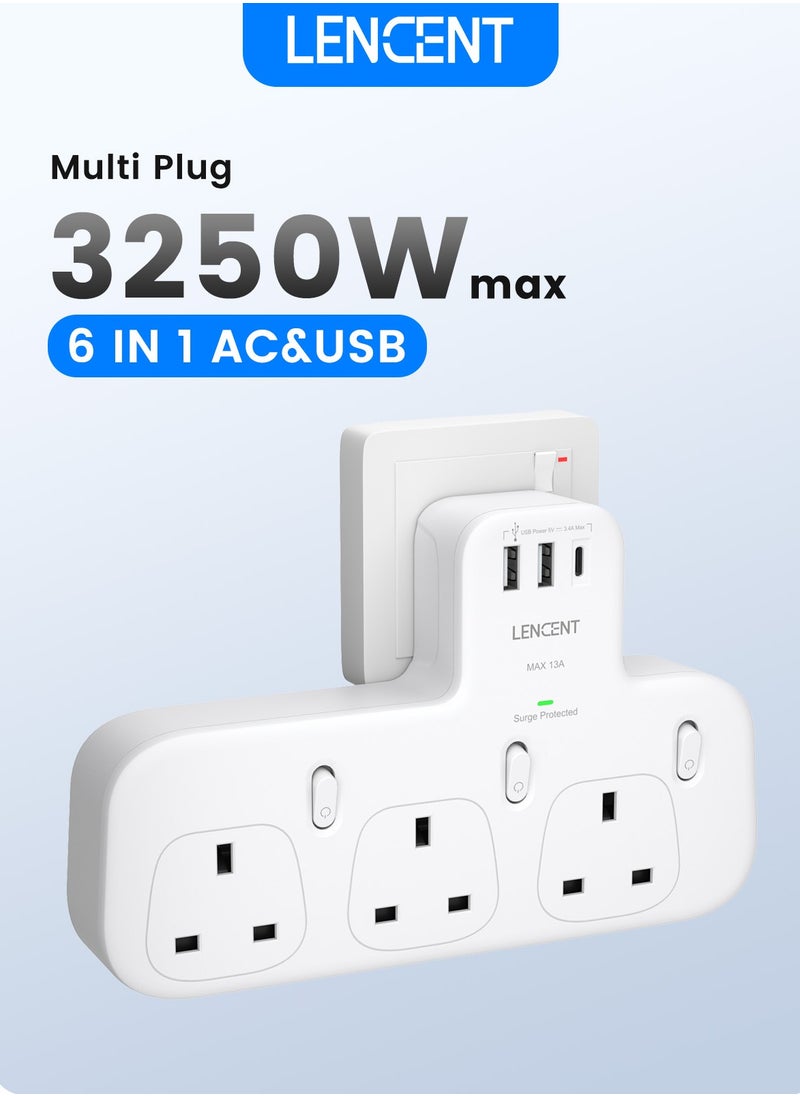 لينسينت وصلة توصيل 3 طرق مع 1 USB C ومنفذين USB ، موسع شحن جداري LENCENT 3 AC ، محول متعدد التوصيل محمي للأجهزة المنزلية ، iPhone ، الهاتف الذكي ، الأجهزة اللوحية ، 13A 3250W  - Image 1