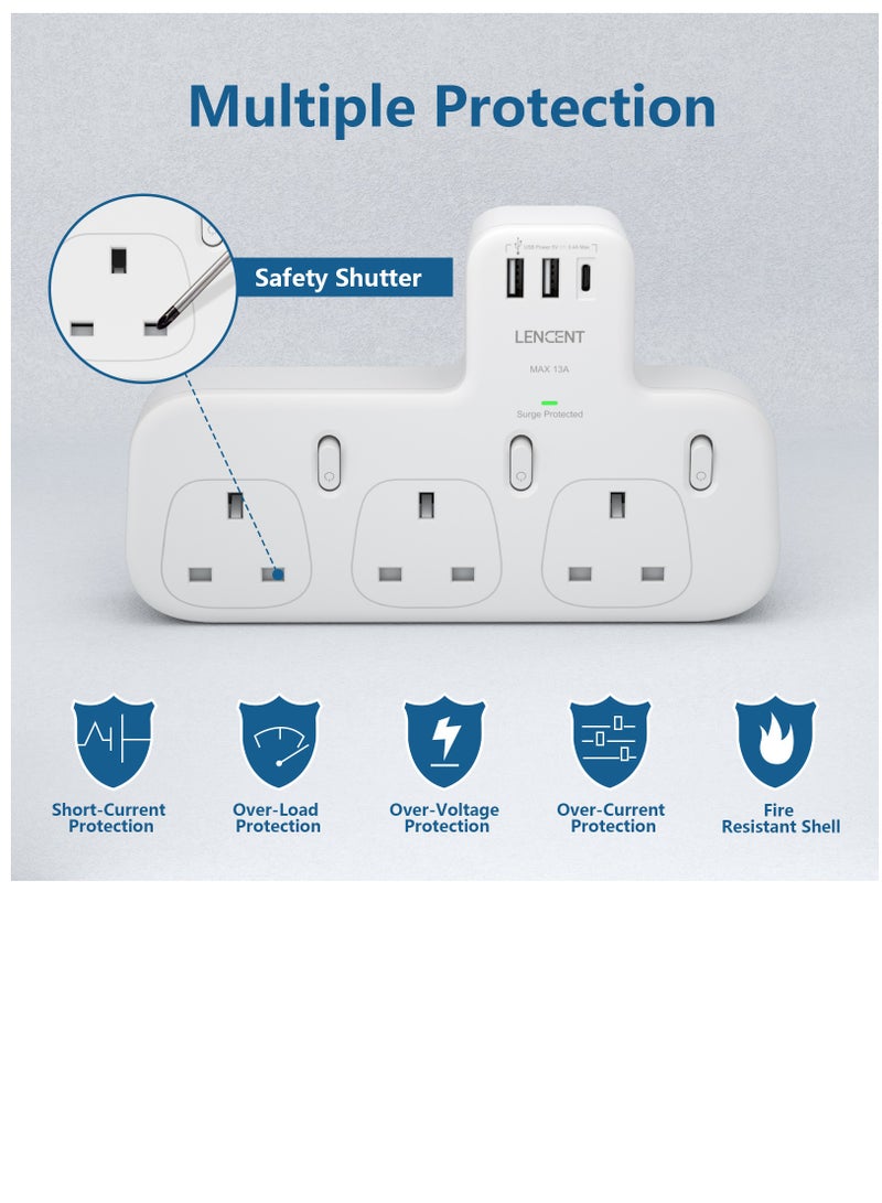 Lencent 6 IN 1 Plug Extension Adapter Surge Protector Power Strip,3 AC Outlets Sockets,3 USB Ports,13A 3250W Triple UK Plug Extender USB Charging Station for Kitchen,Home Office Accessories White - Image 5