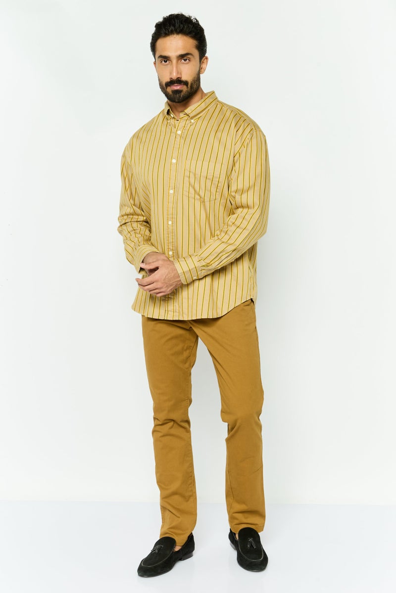 GANT Men Relaxed Fit Stripe Long Sleeves Casual Shirt, Khaki  - Image 3