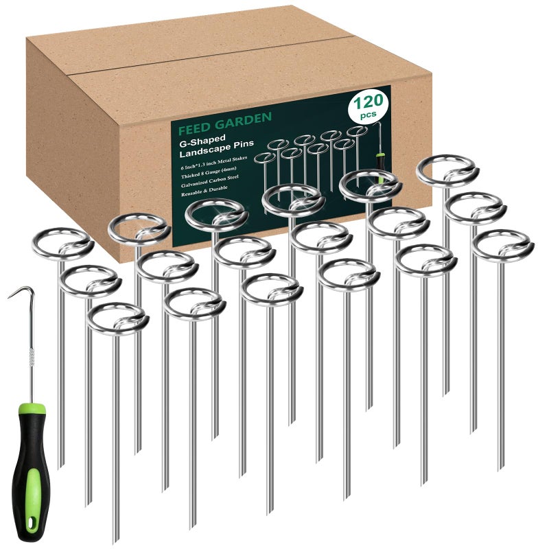 FEED GARDEN 120 Pack Landscape Staples 8 Gauge 6 Inch Galvanized Garden Stakes SOD Pins Yard Lawn Spikes for Plant Cover, Tent, Weed Barrier Fabric, Turf, Inflatable and Outdoor Decoration - Image 1