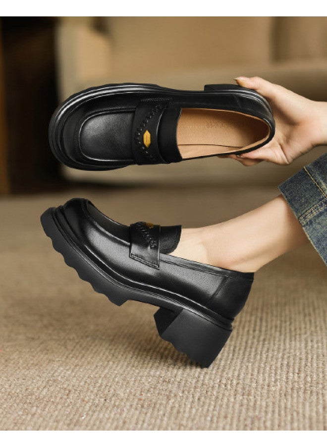 AME Retro Versatile Loafers New Slip-on Block Heel Deep Vamp Single Shoes With Woven Buckle Petite Women's Flats - Image 1