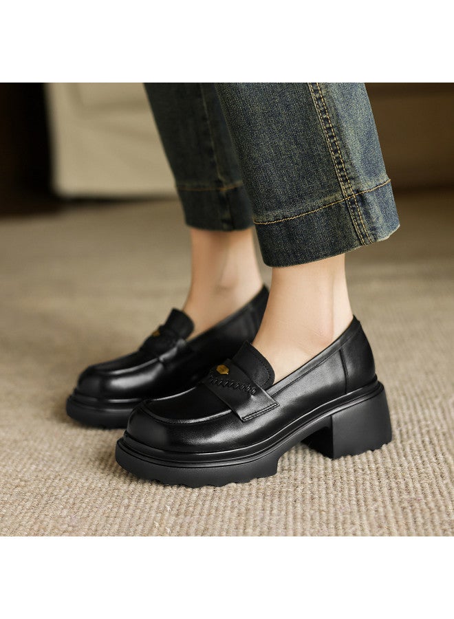 AME Retro Versatile Loafers New Slip-on Block Heel Deep Vamp Single Shoes With Woven Buckle Petite Women's Flats - Image 3