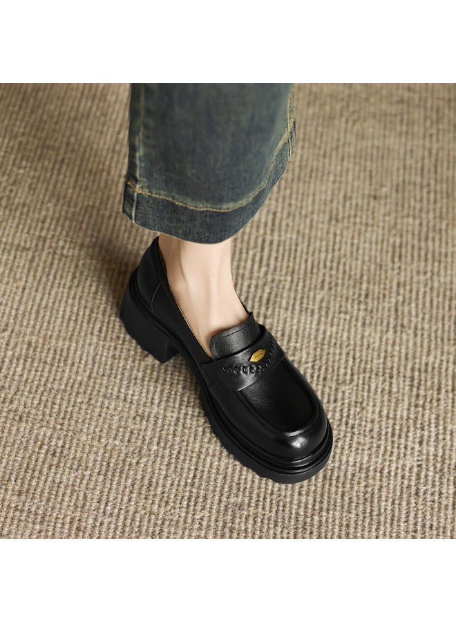 AME Retro Versatile Loafers New Slip-on Block Heel Deep Vamp Single Shoes With Woven Buckle Petite Women's Flats - Image 5