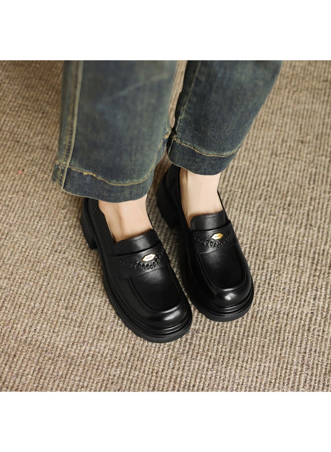 AME Retro Versatile Loafers New Slip-on Block Heel Deep Vamp Single Shoes With Woven Buckle Petite Women's Flats - Image 4