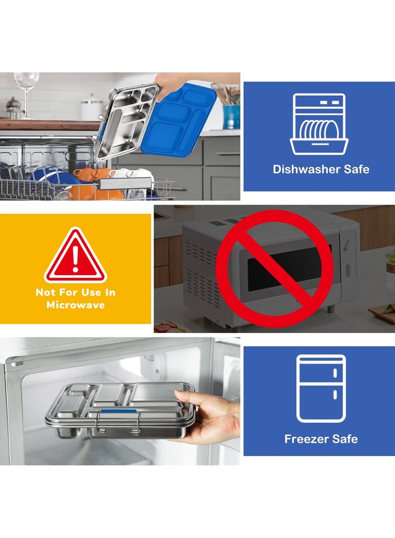 Adando Stainless Steel Bento Box: 1200ml 5 Compartment Metal Bento Lunch Box with Silicone Lid - BPA Free Leak-Proof Dishwasher Safe - 304 Stainless Steel Bento Boxs for School Office (Blue) - Image 3