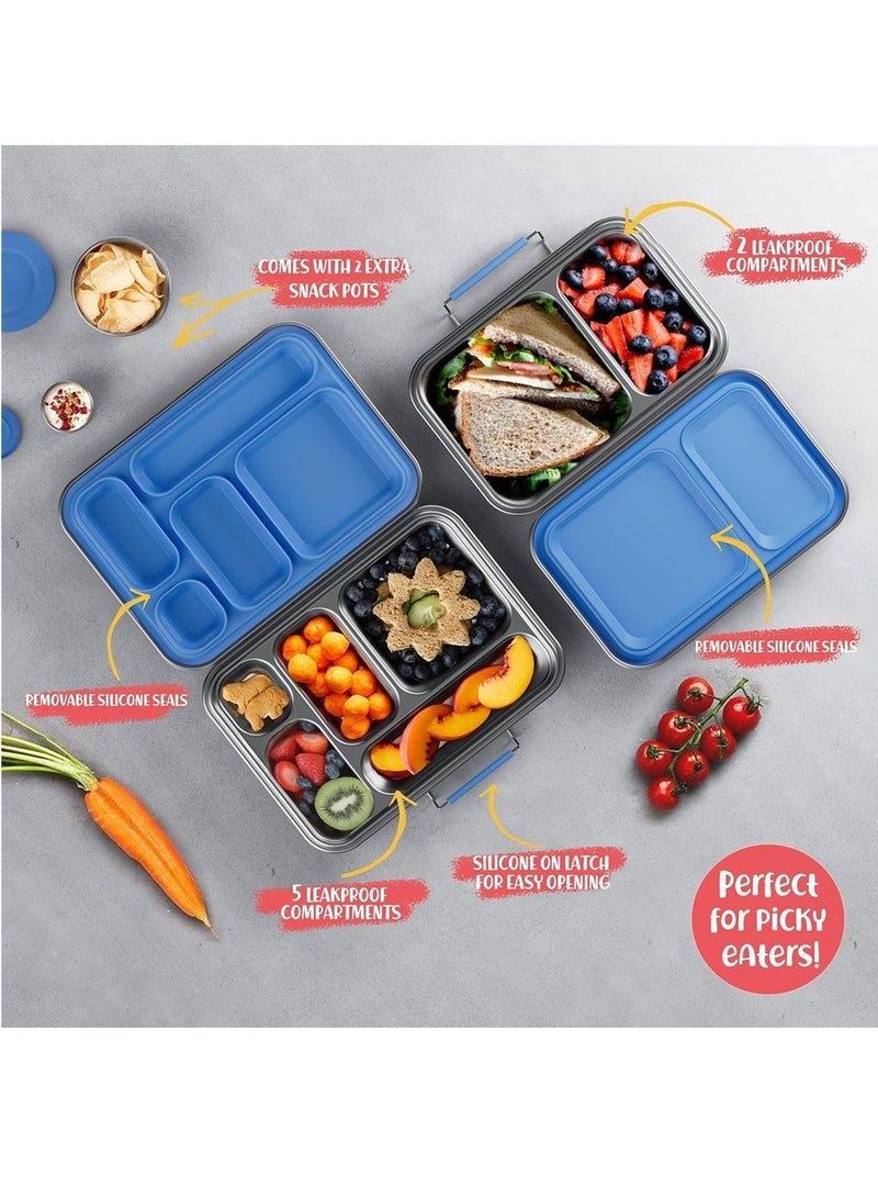 Adando Stainless Steel Bento Box: 1200ml 5 Compartment Metal Bento Lunch Box with Silicone Lid - BPA Free Leak-Proof Dishwasher Safe - 304 Stainless Steel Bento Boxs for School Office (Blue) - Image 5