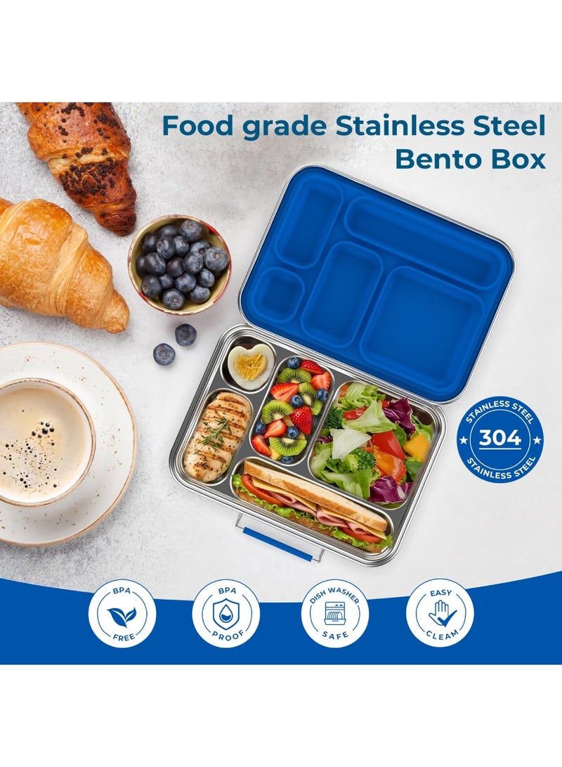 Adando Stainless Steel Bento Box: 1200ml 5 Compartment Metal Bento Lunch Box with Silicone Lid - BPA Free Leak-Proof Dishwasher Safe - 304 Stainless Steel Bento Boxs for School Office (Blue) - Image 2