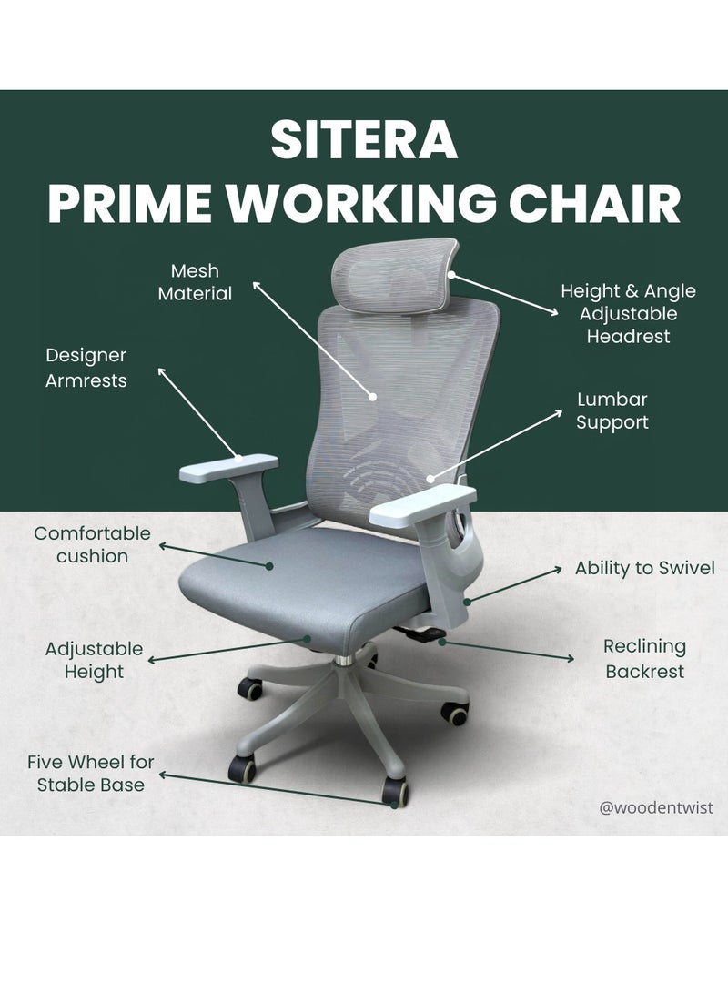 Wooden Twist Sitera Prime 360° Swivel Office Chair with Lumbar Support, Reclining High Back (Grey)  - Image 2