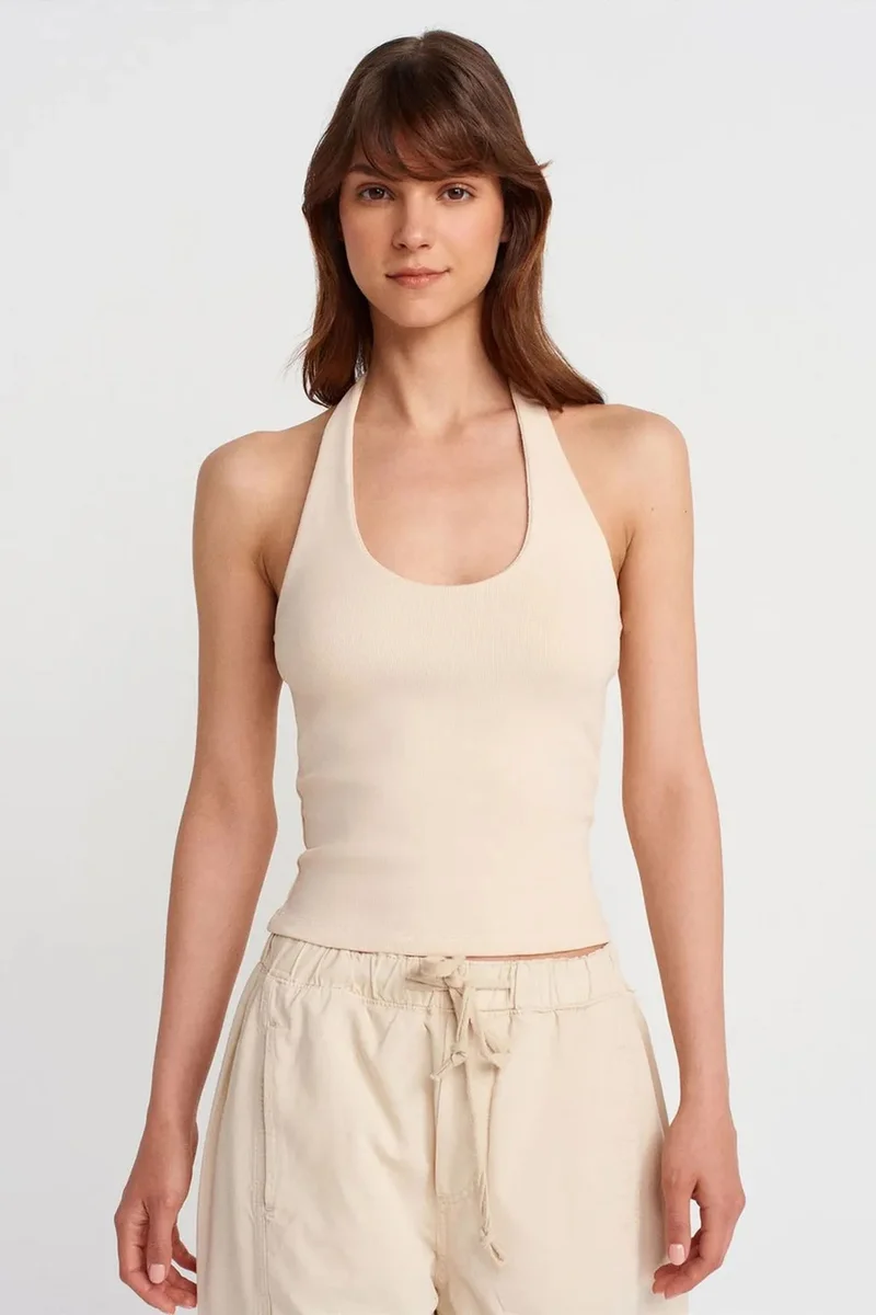 DILVIN Ribbed Halterneck Sleeveless Blouse
