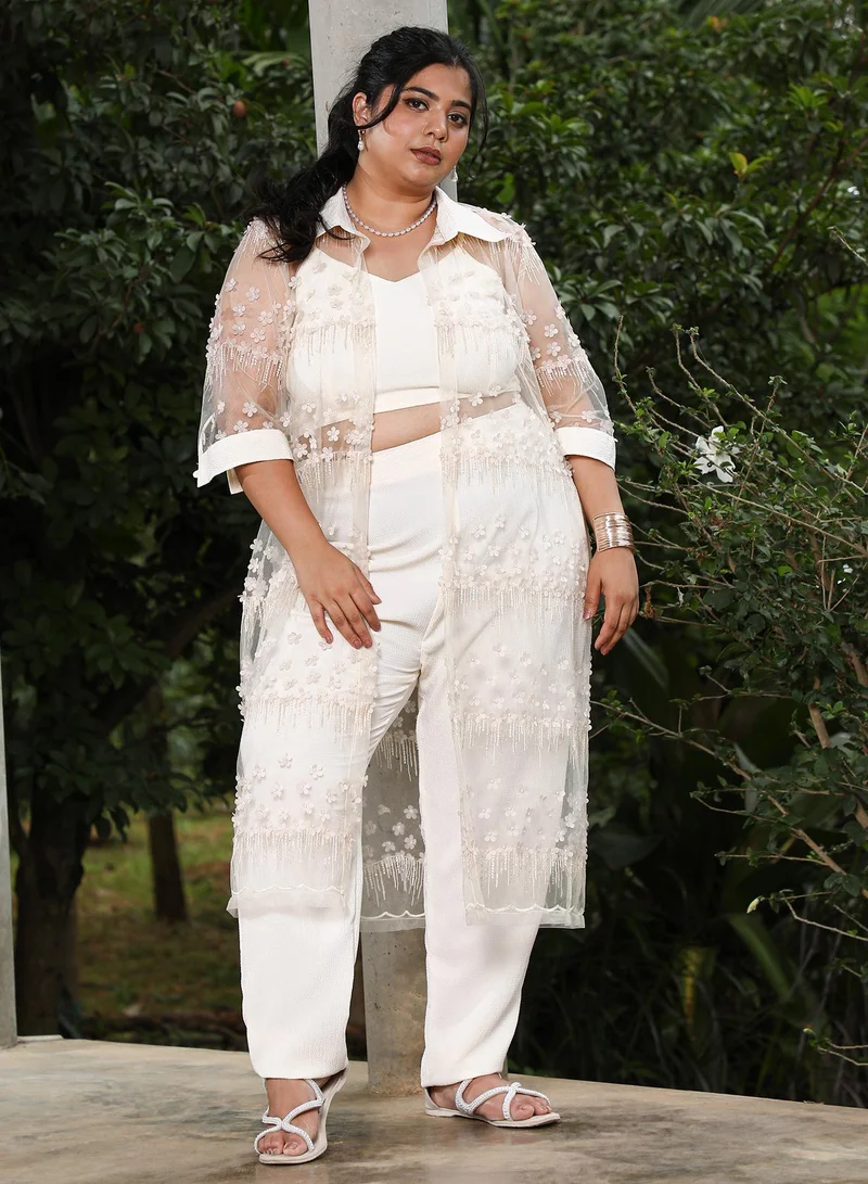 Instafab Plus Instafab Plus Women's Powder White Applique Flora Co-Ord Set For Ethnic Wear | V-Neck, Quarter Cuffed Sleeves | Floral Applique Fabric | 3 Piece Co-Ords For Evening & Party Wear