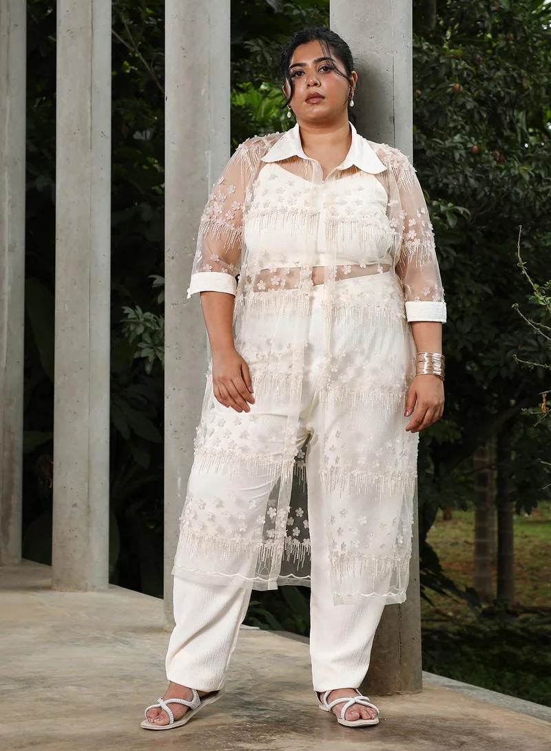 Instafab Plus Instafab Plus Women's Powder White Applique Flora Co-Ord Set For Ethnic Wear | V-Neck, Quarter Cuffed Sleeves | Floral Applique Fabric | 3 Piece Co-Ords For Evening & Party Wear