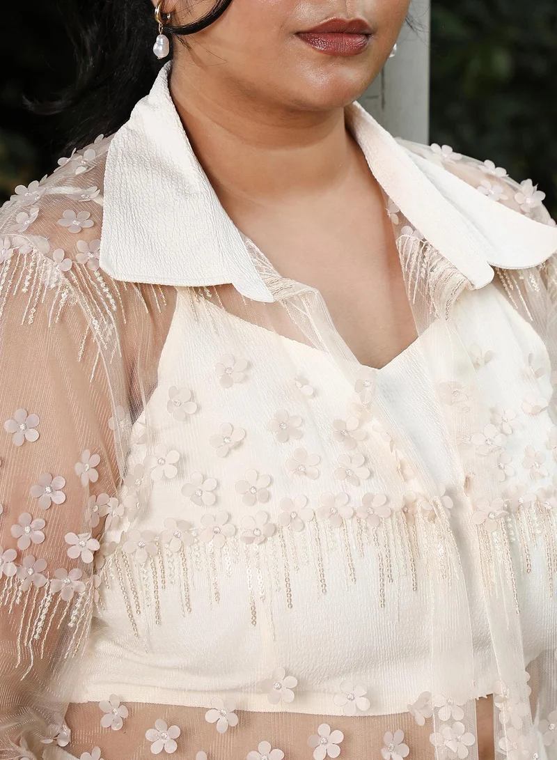 Instafab Plus Instafab Plus Women's Powder White Applique Flora Co-Ord Set For Ethnic Wear | V-Neck, Quarter Cuffed Sleeves | Floral Applique Fabric | 3 Piece Co-Ords For Evening & Party Wear