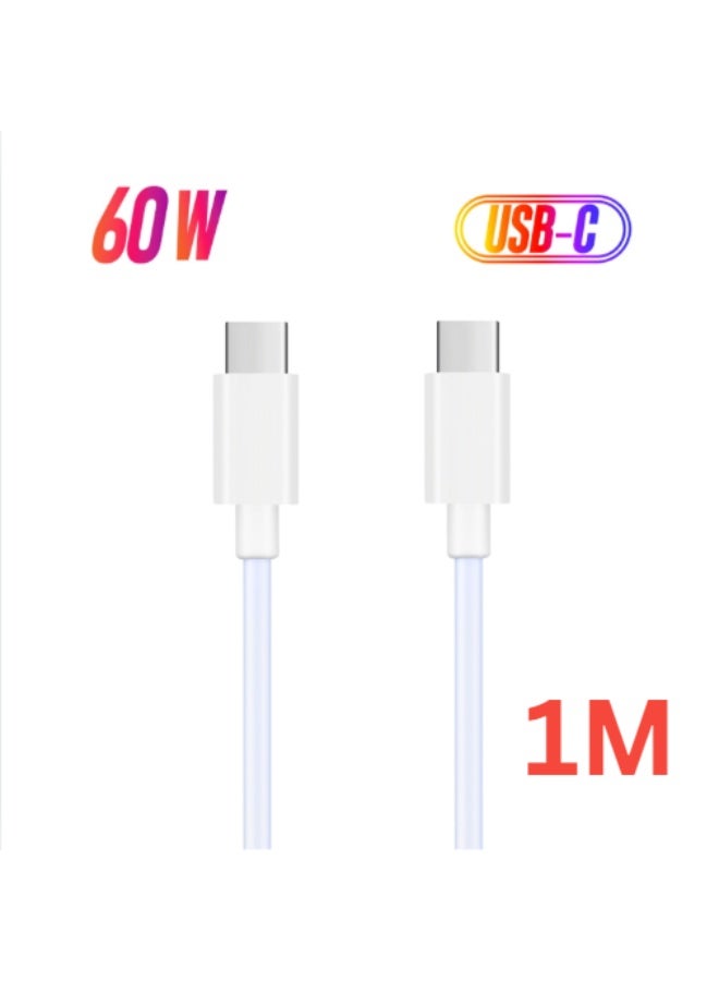 USB-C to USB-C Cable 60W PD Fast Charging, 3A TPE Type-C Cable for Data Sync & Charging – 1M/1.5M/2M – White, Durable & Flexible  - Image 1