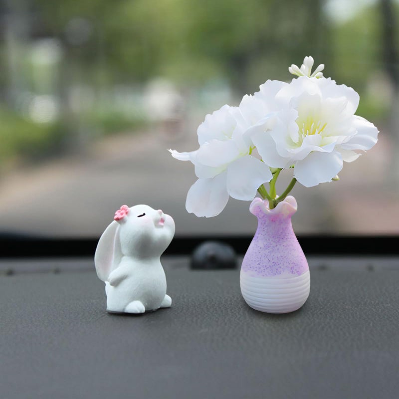 vvag Set of 2 Mini Bunny and Flowers Vase Cute Car AccessoriesKawaii Car Rear View Mirror Dashboard Decorations Car Interior Decoration Ornament Accessories for Women Girls Funny Presents - Image 3