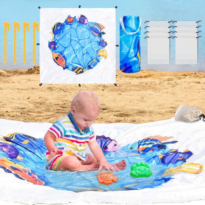 Fantang 6.5 X 6.5 Feet Baby Beach Pool Portable Baby Pool Cute Cartoon Puddle Pool Toddler Blue Beach Blanket and Kiddie Pool Flexible Kids Beach Pool with Printed Storage Bag - Image 1