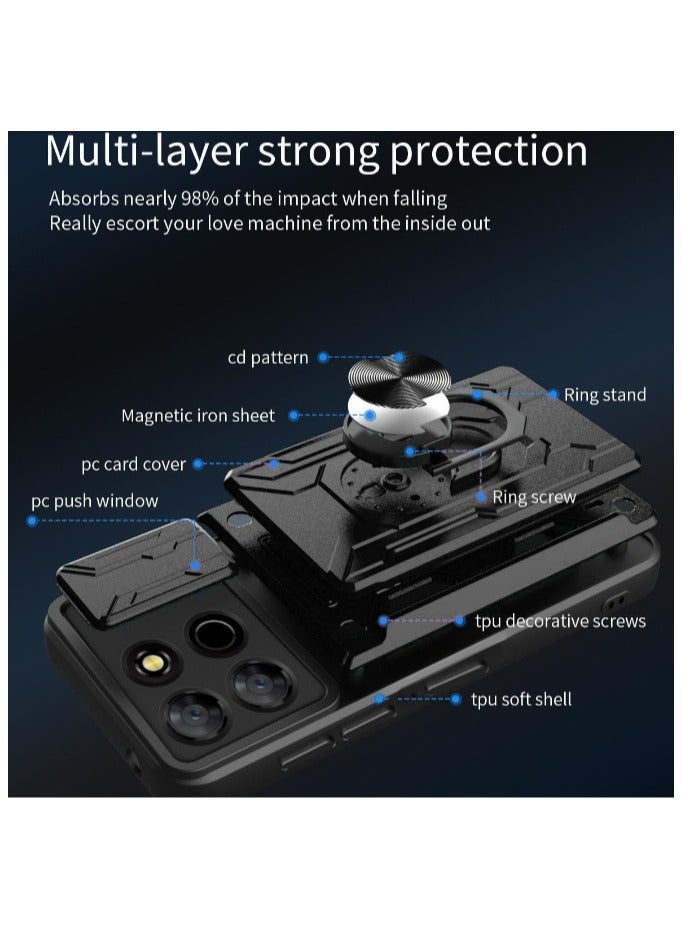 for Honor X7c 4G Case, Card Holder & Slide Camera Lens Cover, Magnetic Ring Holder Kickstand Protective Phone Case for Honor X7c 4G, Black - Image 2