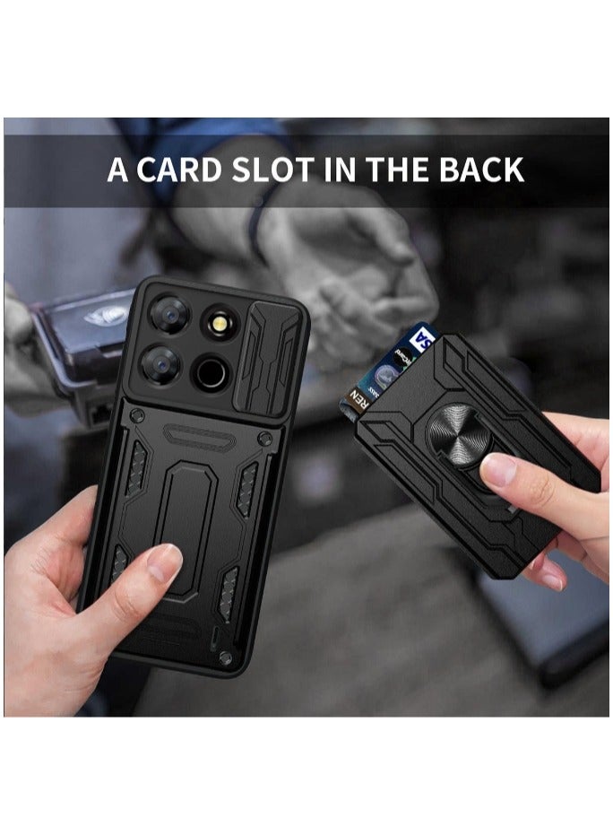 for Honor X7c 4G Case, Card Holder & Slide Camera Lens Cover, Magnetic Ring Holder Kickstand Protective Phone Case for Honor X7c 4G, Black - Image 3