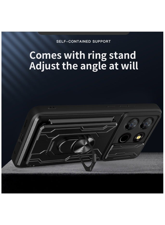 for Honor X7c 4G Case, Card Holder & Slide Camera Lens Cover, Magnetic Ring Holder Kickstand Protective Phone Case for Honor X7c 4G, Black - Image 4