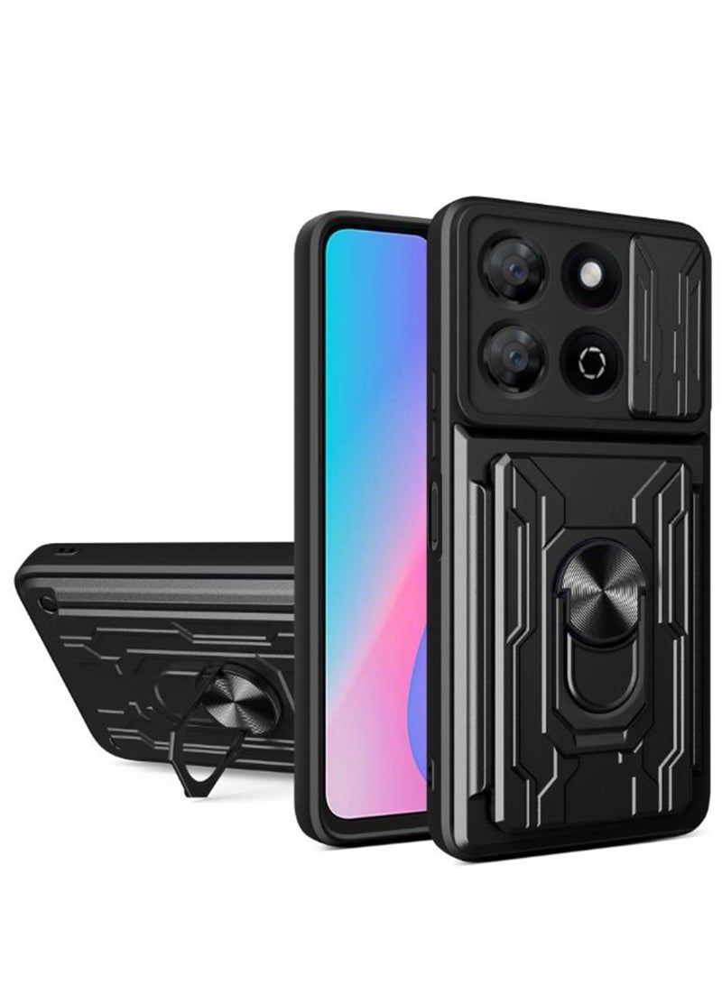 for Honor X7c 4G Case, Card Holder & Slide Camera Lens Cover, Magnetic Ring Holder Kickstand Protective Phone Case for Honor X7c 4G, Black - Image 1