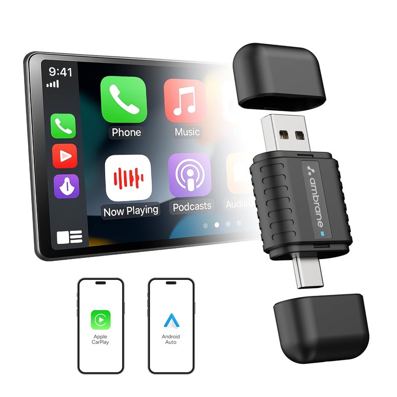 AMBRANE أمبري 2 في 1 جهاز استقبال كار بلاي اللاسلكي، يحول أندرويد أوتو وكار بلاي السلكي إلى لاسلكي، USB A وType C، ملاحظة: فقط للسيارات التي تحتوي على أندرويد أوتو/كار بلاي مثبت مسبقًا، بلوتوث V5.4 (كارلينك، أسود) - Image 1