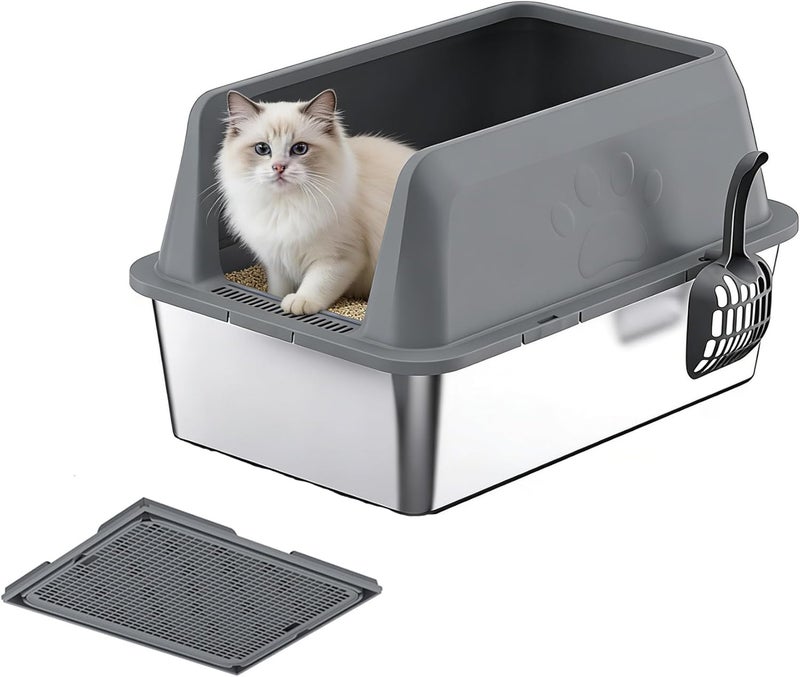 Sharpdo Large Stainless Steel Cat Litter Box with Litter Scoop (Dark Grey) - Image 1