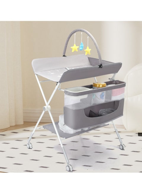 Baby Changing Table with Wheels, Portable Adjustable Height Folding Diaper Station with Nursery Organizer Storage Rack for Newborn Baby and Infant