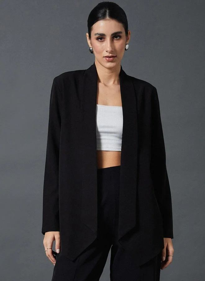 SASSAFRAS Black Comfort Fit Shawl Collar Blazer for Women