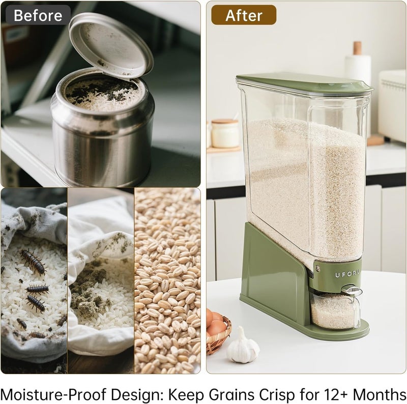 EVVIX موزع أرز 11 كجم، حاوية تخزين أرز نحيفة للمساحات الصغيرة، موزع طعام جاف شفاف خالي من BPA محكم ضد الرطوبة، دلو تخزين الحبوب والحبوب للمطبخ، أخضر - Image 5