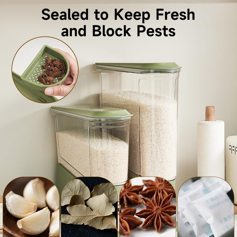 EVVIX موزع أرز 11 كجم، حاوية تخزين أرز نحيفة للمساحات الصغيرة، موزع طعام جاف شفاف خالي من BPA محكم ضد الرطوبة، دلو تخزين الحبوب والحبوب للمطبخ، أخضر - Image 4