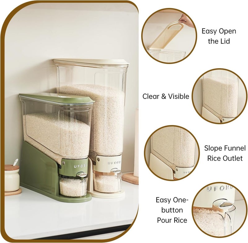 EVVIX موزع أرز 11 كجم، حاوية تخزين أرز نحيفة للمساحات الصغيرة، موزع طعام جاف شفاف خالي من BPA محكم ضد الرطوبة، دلو تخزين الحبوب والحبوب للمطبخ، أخضر - Image 3