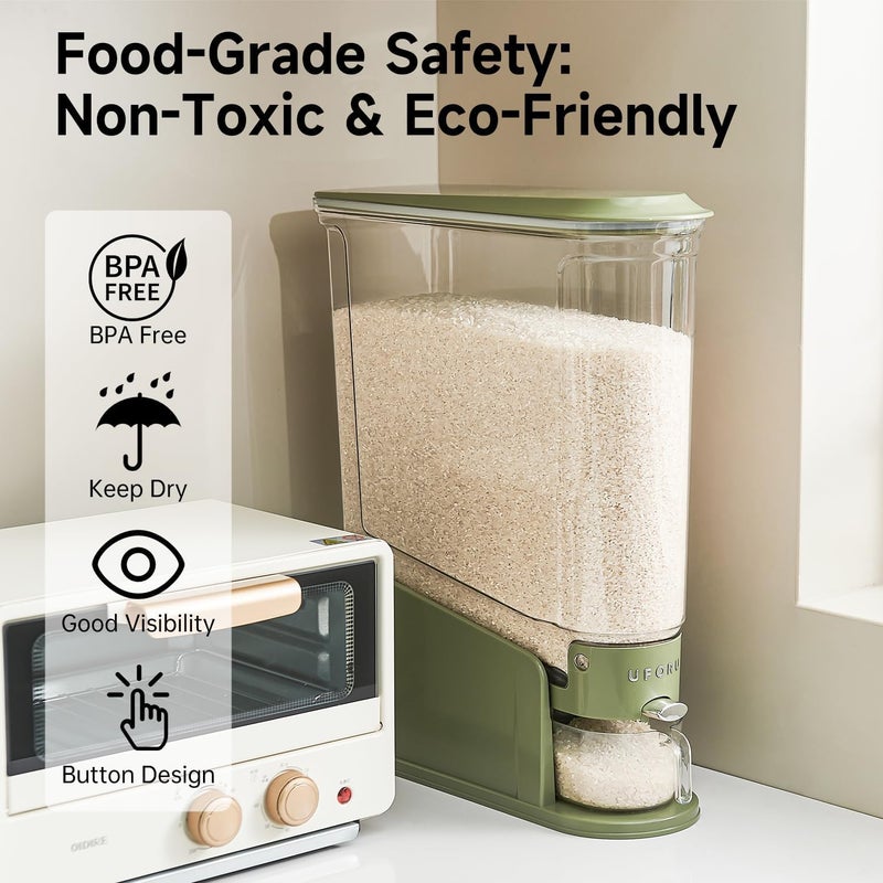 EVVIX موزع أرز 11 كجم، حاوية تخزين أرز نحيفة للمساحات الصغيرة، موزع طعام جاف شفاف خالي من BPA محكم ضد الرطوبة، دلو تخزين الحبوب والحبوب للمطبخ، أخضر - Image 1