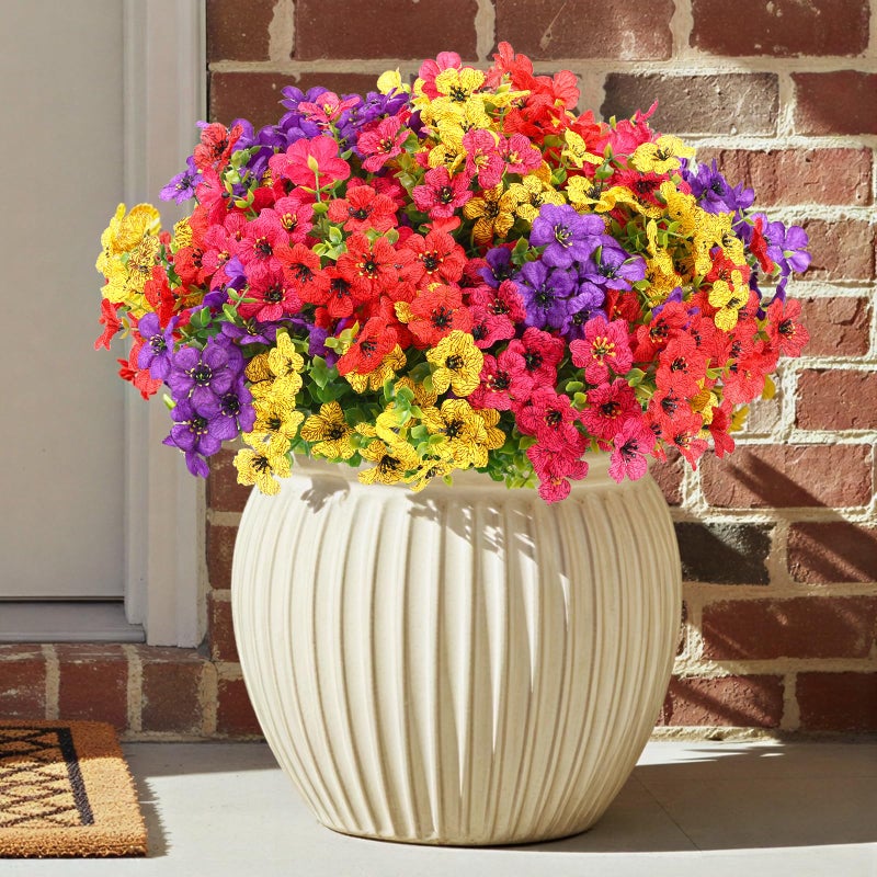 CEWOR 12 Bundles Artificial Flowers for Outdoor Indoor Fake Silk Daisy with Eucalyptus Leaves Faux Flower for Garden Front Door Porch Planter Patio Home Decor Mix Red Purple Yellow Fuchsia - Image 2