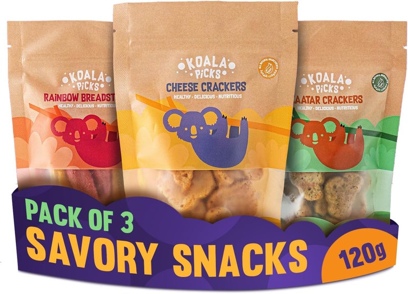 Koala Picks Healthy Snacks Combo 120g – Cheese Crackers, Zaatar Crackers, Rainbow Breadsticks - 40g Each – Wholesome Ingredients, Perfect Snack for Kids & Adults - Image 1