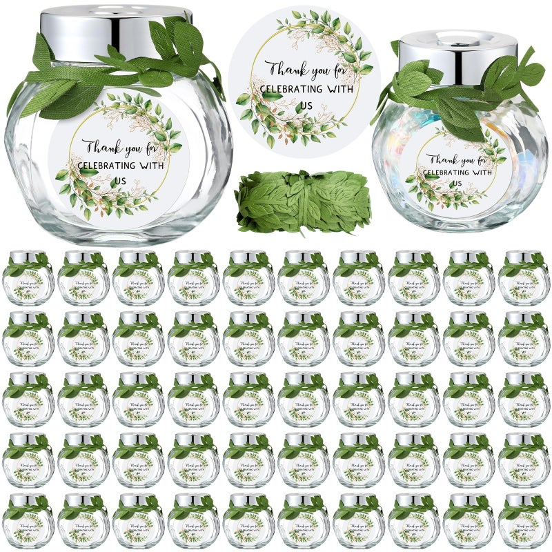 Skybooly 50 Pcs 1.5 oz Mini Glass Jars with Lids Small Honey Candy Jar Party Favor Green Leaf Ribbon and Labels Tiny Mason Candy Containers for Wedding Favor Bridal Baby Shower Spice Honey Sugar Herb - Image 1