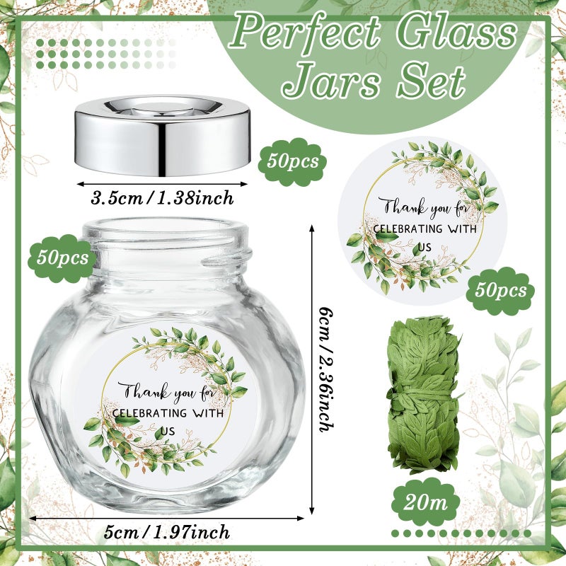 Skybooly 50 Pcs 1.5 oz Mini Glass Jars with Lids Small Honey Candy Jar Party Favor Green Leaf Ribbon and Labels Tiny Mason Candy Containers for Wedding Favor Bridal Baby Shower Spice Honey Sugar Herb - Image 2