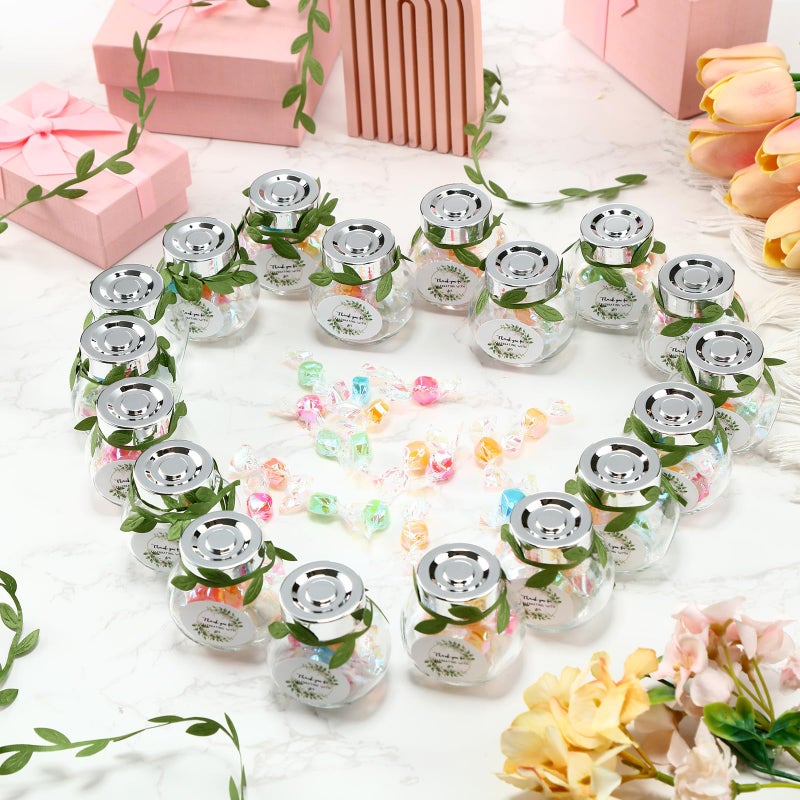 Skybooly 50 Pcs 1.5 oz Mini Glass Jars with Lids Small Honey Candy Jar Party Favor Green Leaf Ribbon and Labels Tiny Mason Candy Containers for Wedding Favor Bridal Baby Shower Spice Honey Sugar Herb - Image 3