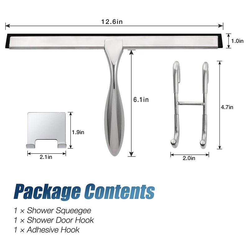 Simtive 12-Inch Shower Squeegee Set, Includes Shower Door Hook and Adhesive Hook, Squeegee for Shower Doors, Mirror and Window, Silver - Image 4