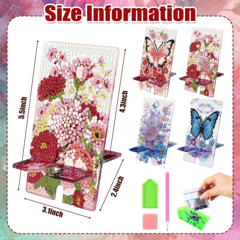Saillong 4 Pcs Diamond Painting Cell Phone Stand DIY Full Drill Crystal Diamond Art Phone Holder Bling Painting Art Craft Kits for Beginner Adult(Flora) - Image 4