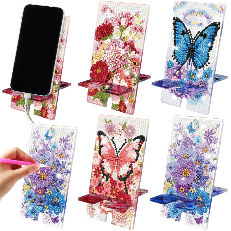 Saillong 4 Pcs Diamond Painting Cell Phone Stand DIY Full Drill Crystal Diamond Art Phone Holder Bling Painting Art Craft Kits for Beginner Adult(Flora) - Image 1