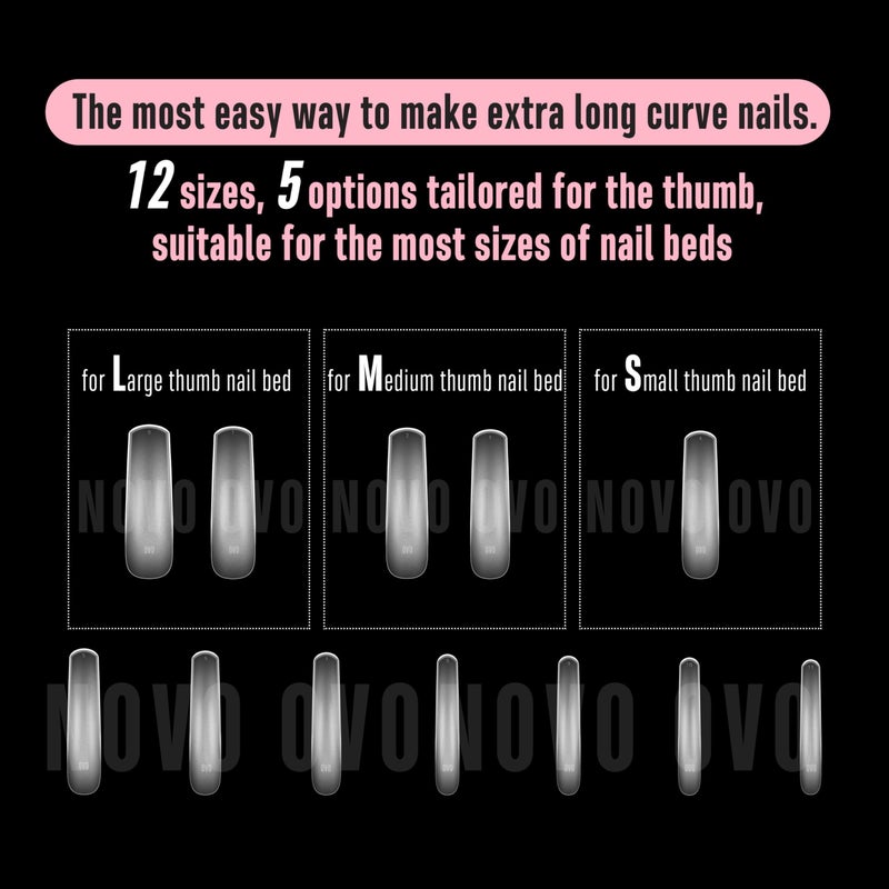 NOVO OVO Halloween XXL Curved Nail Tips Press on Full Cover, Tapered Square Gel x Extra Thick Long XL Acrylic Fake Nails Extension kit, Clear Pre-etched Soft French False Nail 12 Sizes 300pcs - Image 5