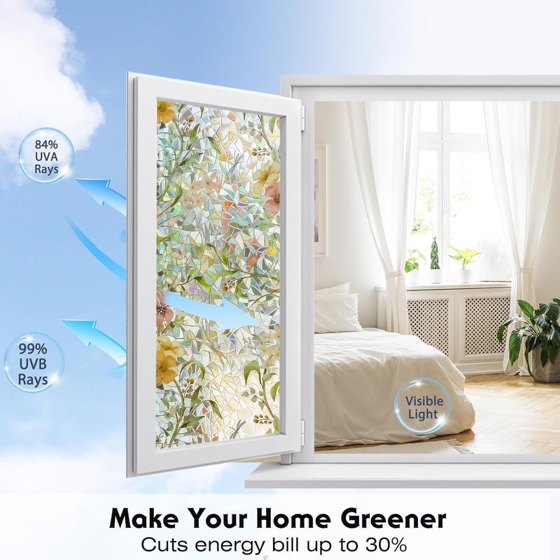 Volcanics Stained Glass Window Film with Installation Tools, Rainbow Window Privacy Film, Decorative Window Clings for Glass Windows, Static Cling Sun Blocking Floral Decals, 35.4 x 78.7 Inch - Image 4