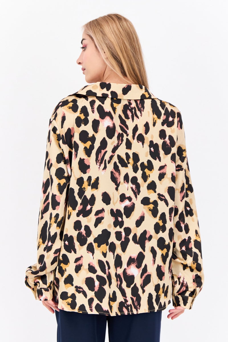 Never fully Dressed Women Plus Size Notched Long Sleeves Allover Print Casual Shirt, Tan Combo - Image 3