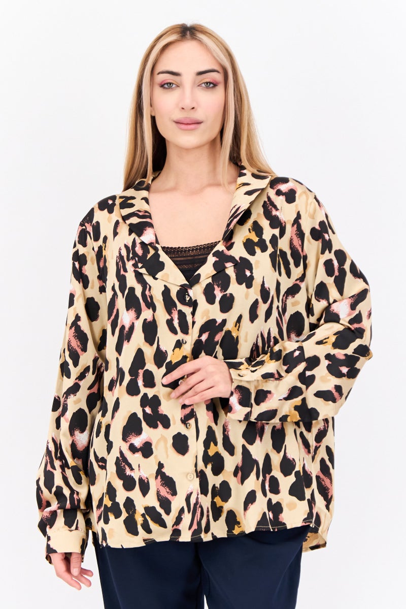 Never fully Dressed Women Plus Size Notched Long Sleeves Allover Print Casual Shirt, Tan Combo - Image 1