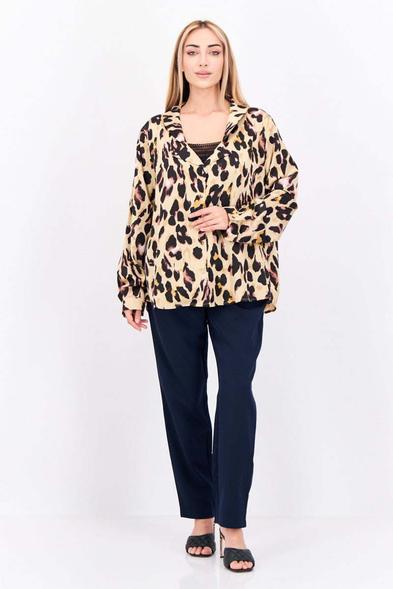 Never fully Dressed Women Plus Size Notched Long Sleeves Allover Print Casual Shirt, Tan Combo - Image 4