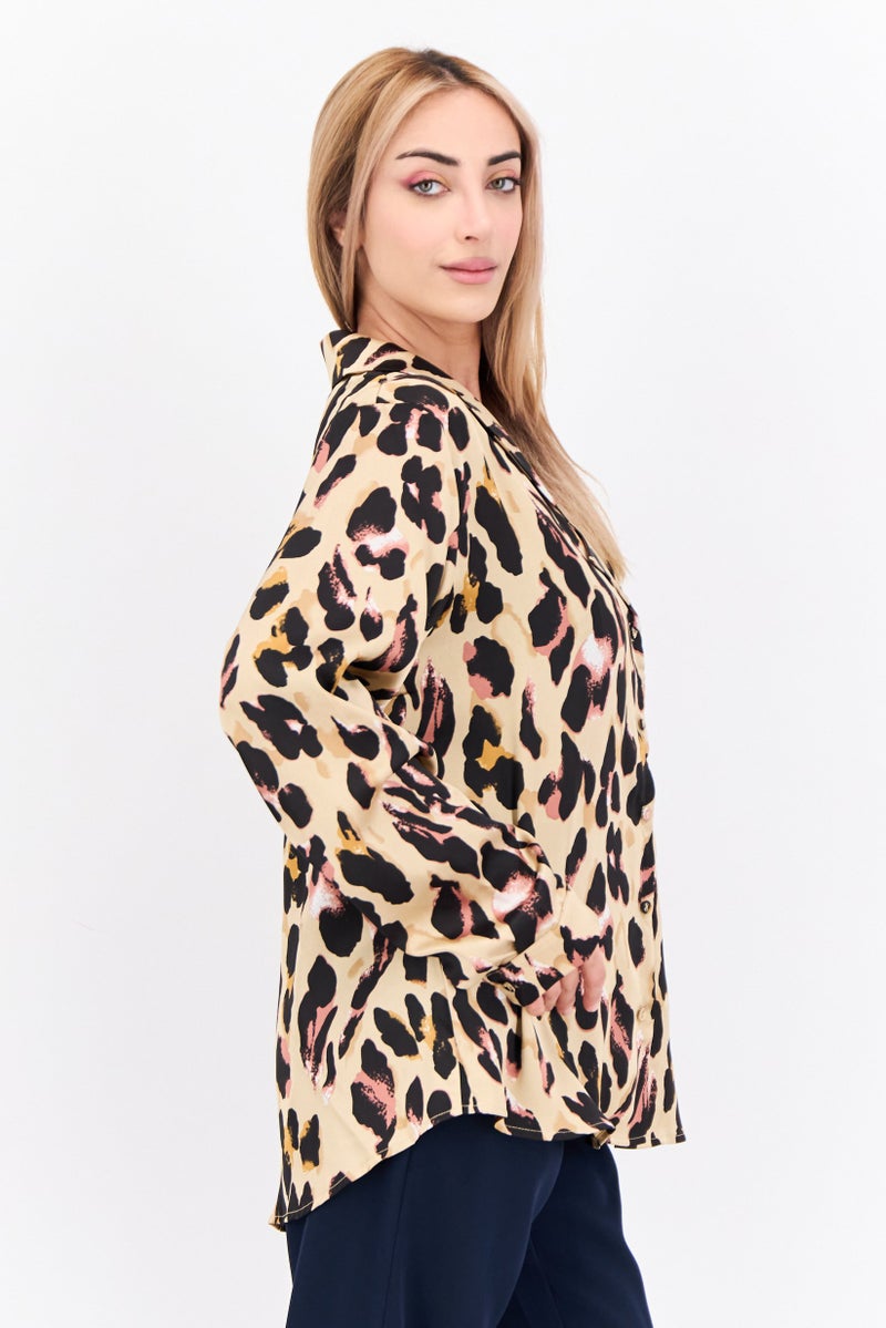 Never fully Dressed Women Plus Size Notched Long Sleeves Allover Print Casual Shirt, Tan Combo - Image 2