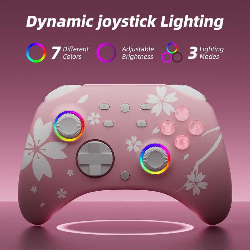 Mytrix Pro Wireless Controller for Switch/Switch Lite/Switch OLED, Bluetooth Controller Controller with Headphone Jack, Turbo, Alarm Clock, 6-Axis Gyro, Adjustable Vibration, Sakura Pink - Image 2