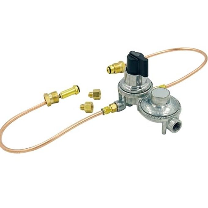 MENSI RV Trailer Tank Propane Regulator 2-Stage Auto Changeover RV Accessories Dual Tank Connection Kit, with 15" Copper Pigtial Hose and 3/8" NPT Exit Connector