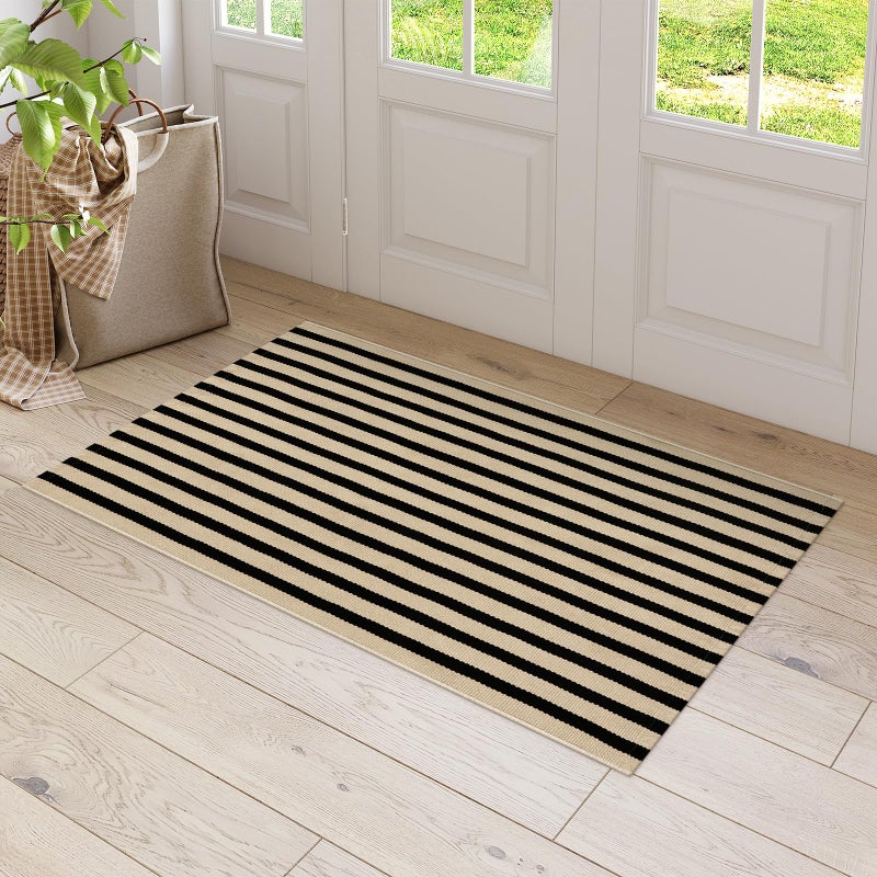 Leevan Door Mat Outside Entrance Washable Welcome Mat Black And White Outdoor Rug Farmhouse Front Porch Mat Outside Striped Layered Front Doormat For Porch/Entryway - Image 4