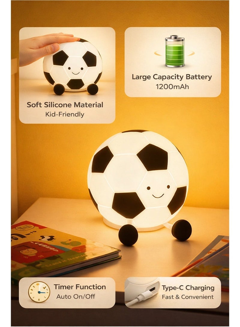 مصباح ليلي للأطفال على شكل كرة قدم من السيليكون، ضوء نوم ناعم بلمسة لطيفة، بطارية قابلة للشحن 1200mAh، مؤقت تشغيل/إيقاف، شحن Type-C لغرفة الأطفال - Image 2