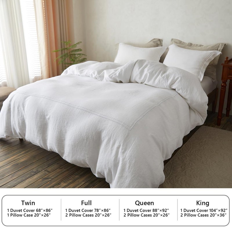 Simple&Opulence 100% Washed Linen Duvet Cover Set 104"x92" - 3 Pieces Soft Farmhouse Comforter Cover Set Double Embroidered with Button Closure - 1 Duvet Cover and 2 Pillowcases (White, King) - Image 5